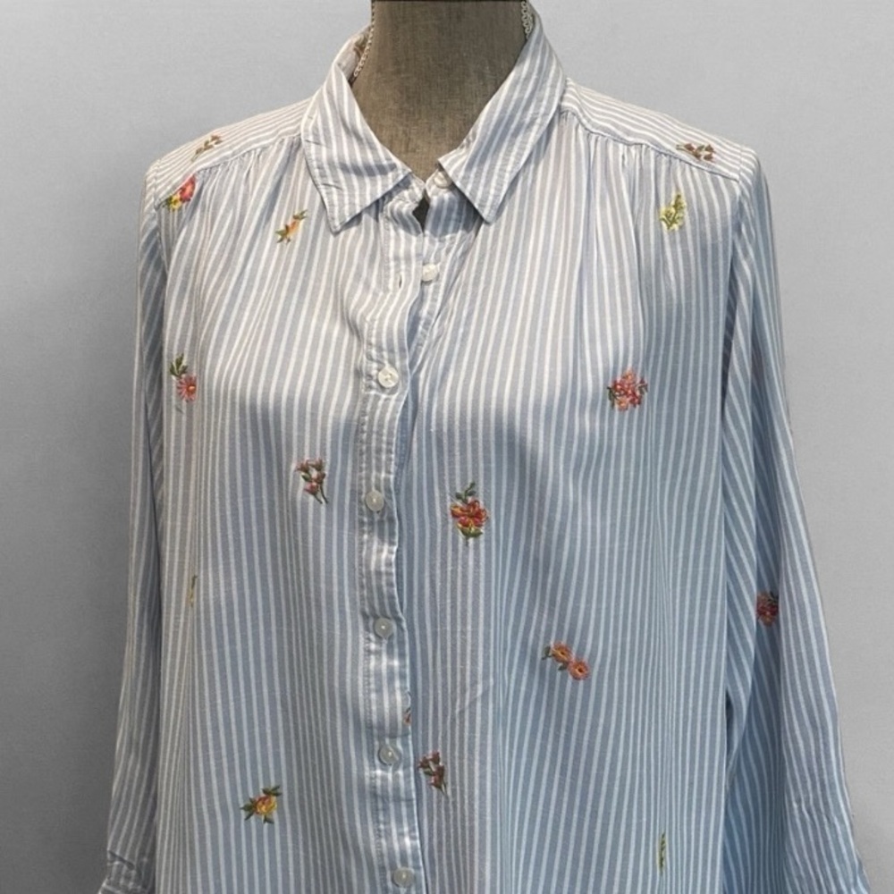 Jane & Delancey Blue Striped Floral Button Down Shirt Long Sleeve XL